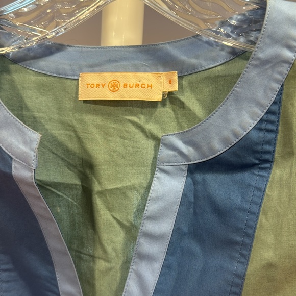 Tory Burch Colorblock Poplin Tunic Top V-Neck 3/4 Sleeve Tie Waist Tasseled, 8 - Picture 4 of 5